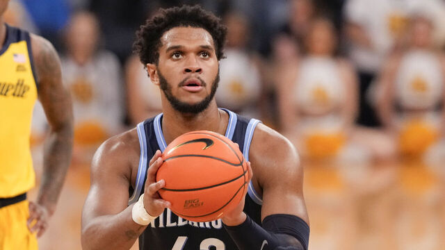 NEW YORK, NY - MARCH 14: Eric Dixon #43 of the Villanova Wildcats shoots a free throw against the Marquette Golden Eagles in a quarterfinal game of the Big East Tournament at Madison Square Garden on March 14, 2024 in New York City. .
