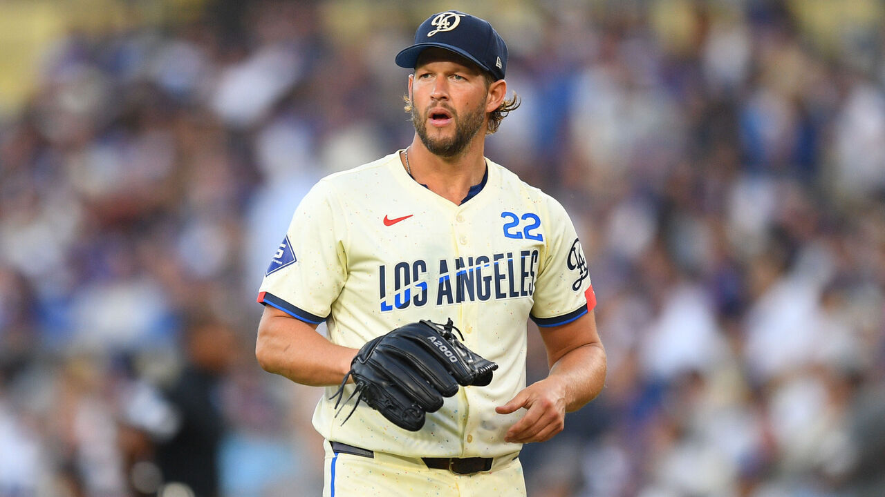 LOS ANGELES, CA - AUGUST 24: Los Angeles Dodgers pitcher Clayton Kershaw (22) looks on during the MLB game between the Tampa Bay Rays and the Los Angeles Dodgers on August 24, 2024 at Dodger Stadium in Los Angeles, CA.