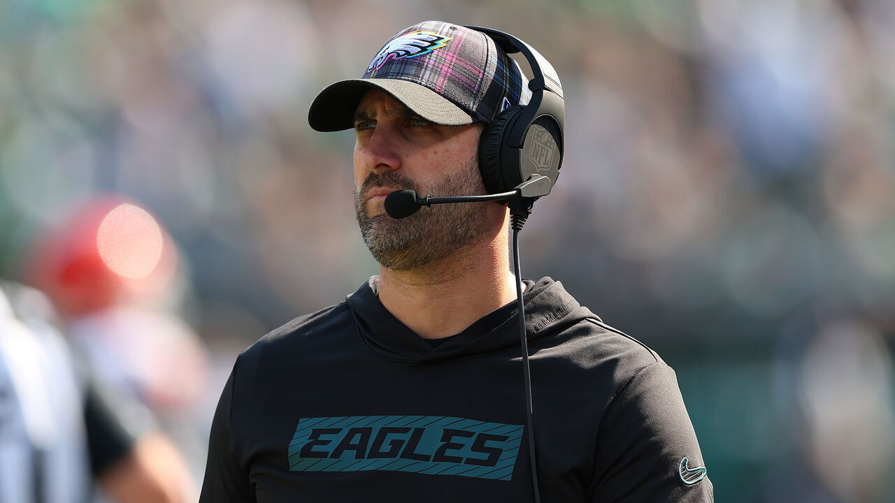 PHILADELPHIA, PENNSYLVANIA - OCTOBER 13: Philadelphia Eagles head coach Nick Sirianni looks during the second quarter against the Cleveland Browns at Lincoln Financial Field on October 13, 2024 in Philadelphia, Pennsylvania.