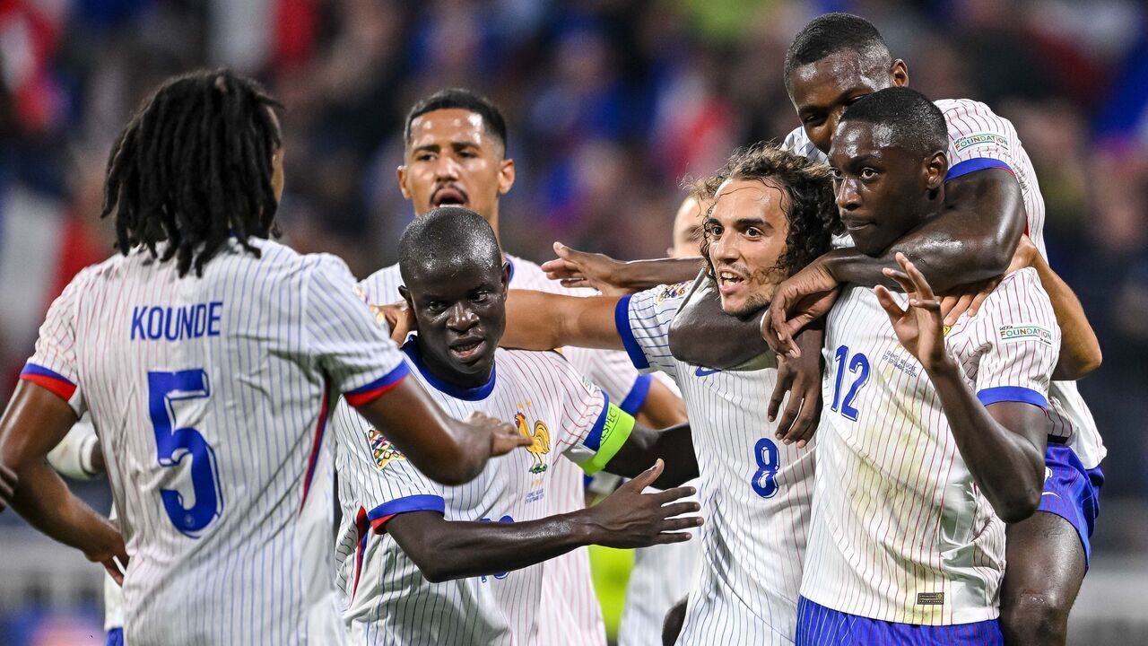Lyon , France - September 9: Randal Kolo Muani of France celebrates after scoring his team's first goal with teammates during the UEFA Nations League 2024/2025 League A - Group 2 match between France and Belgium at Groupama-Stadion on September 9, 2024 in Lyon , France.