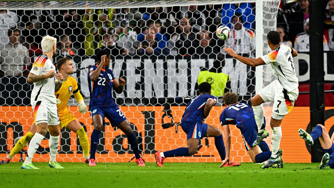 14 October 2024, Bavaria, Munich: Soccer: Nations League A, Germany - Netherlands, Group Stage, Group 3, Matchday 4, Allianz Arena, Germany's Jamie Leweling (3vr) scores the goal to make it 1-0. Photo: Tom Weller/dpa