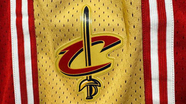 Cleveland Cavaliers logo on a trousers is seen in this illustration photo taken at a store in Krakow, Poland on February 2, 2024.