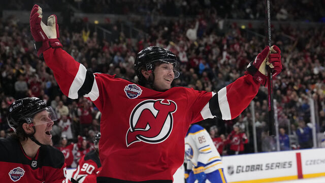 PRAGUE, CZECH REPUBLIC - OCTOBER 5: New Jersey Devils' Seamus Casey celebrates scoring a goal during the game between the New Jersey Devils and Buffalo Sabres during the 2024 NHL Global Series Czechia at O2 Arena on October 5, 2024 in Prague, Czech Republic.
