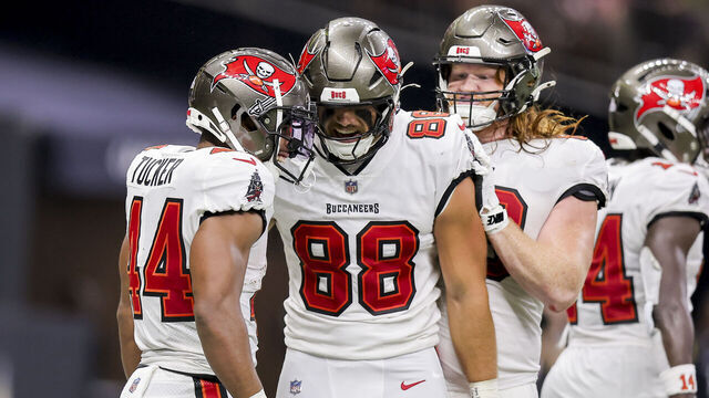 NEW ORLEANS, LOUISIANA - OCTOBER 13: Sean Tucker #44 of the Tampa Bay Buccaneers celebrates with teammate Cade Otton #88 after scoring a touchdown against the New Orleans Saints during the second quarter at Caesars Superdome on October 13, 2024 in New Orleans, Louisiana.