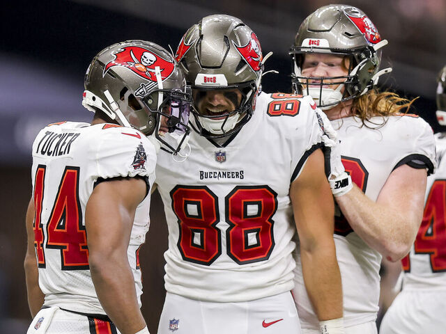 NEW ORLEANS, LOUISIANA - OCTOBER 13: Sean Tucker #44 of the Tampa Bay Buccaneers celebrates with teammate Cade Otton #88 after scoring a touchdown against the New Orleans Saints during the second quarter at Caesars Superdome on October 13, 2024 in New Orleans, Louisiana.