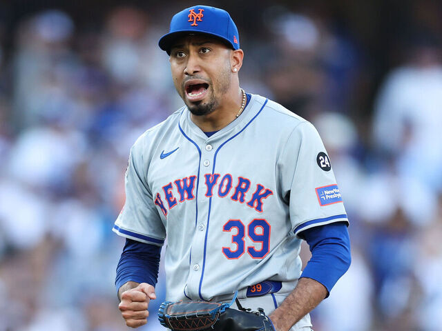 LOS ANGELES, CALIFORNIA - OCTOBER 14: Edwin Díaz #39 of the New York Mets celebrate their 7-3 win over the Los Angeles Dodgers at the end of the ninth inning during Game Two of the Championship Series at Dodger Stadium on October 14, 2024 in Los Angeles, California.