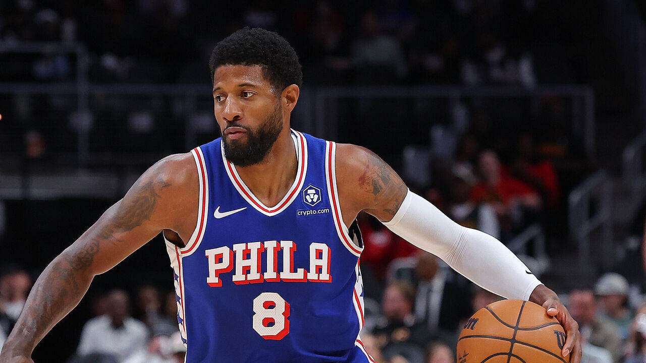 ATLANTA, GEORGIA - OCTOBER 14: Paul George #8 of the Philadelphia 76ers drives against the Atlanta Hawks during the first quarter at State Farm Arena on October 14, 2024 in Atlanta, Georgia. NOTE TO USER: User expressly acknowledges and agrees that, by downloading and/or using this photograph, user is consenting to the terms and conditions of the Getty Images License Agreement.