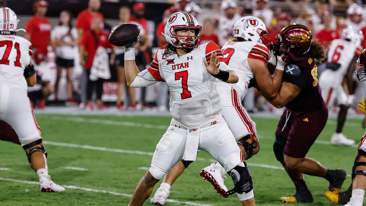 TEMPE, AZ - OCTOBER 11: Utah Utes quarterback Cameron Rising (7) throws a pass during the college football game between the Utah Utes and the Arizona State Sun Devils on October 11, 2024 at Mountain America Stadium in Tempe, Arizona.