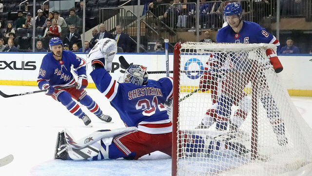 NEW YORK, NEW YORK - OCTOBER 14: Igor Shesterkin #31 of the New York Rangers makes a second period save against the Detroit Red Wings at Madison Square Garden on October 14, 2024 in New York City. The Rangers defeated the Red Wings 4-1.