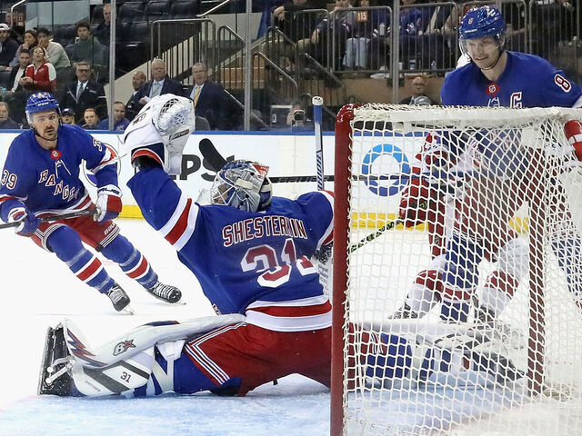 NEW YORK, NEW YORK - OCTOBER 14: Igor Shesterkin #31 of the New York Rangers makes a second period save against the Detroit Red Wings at Madison Square Garden on October 14, 2024 in New York City. The Rangers defeated the Red Wings 4-1.