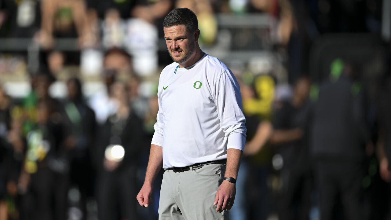 EUGENE, OREGON - OCTOBER 12: Head coach Dan Lanning of the Oregon Ducks looks on before the game against the Ohio State Buckeyes at Autzen Stadium on October 12, 2024 in Eugene, Oregon.