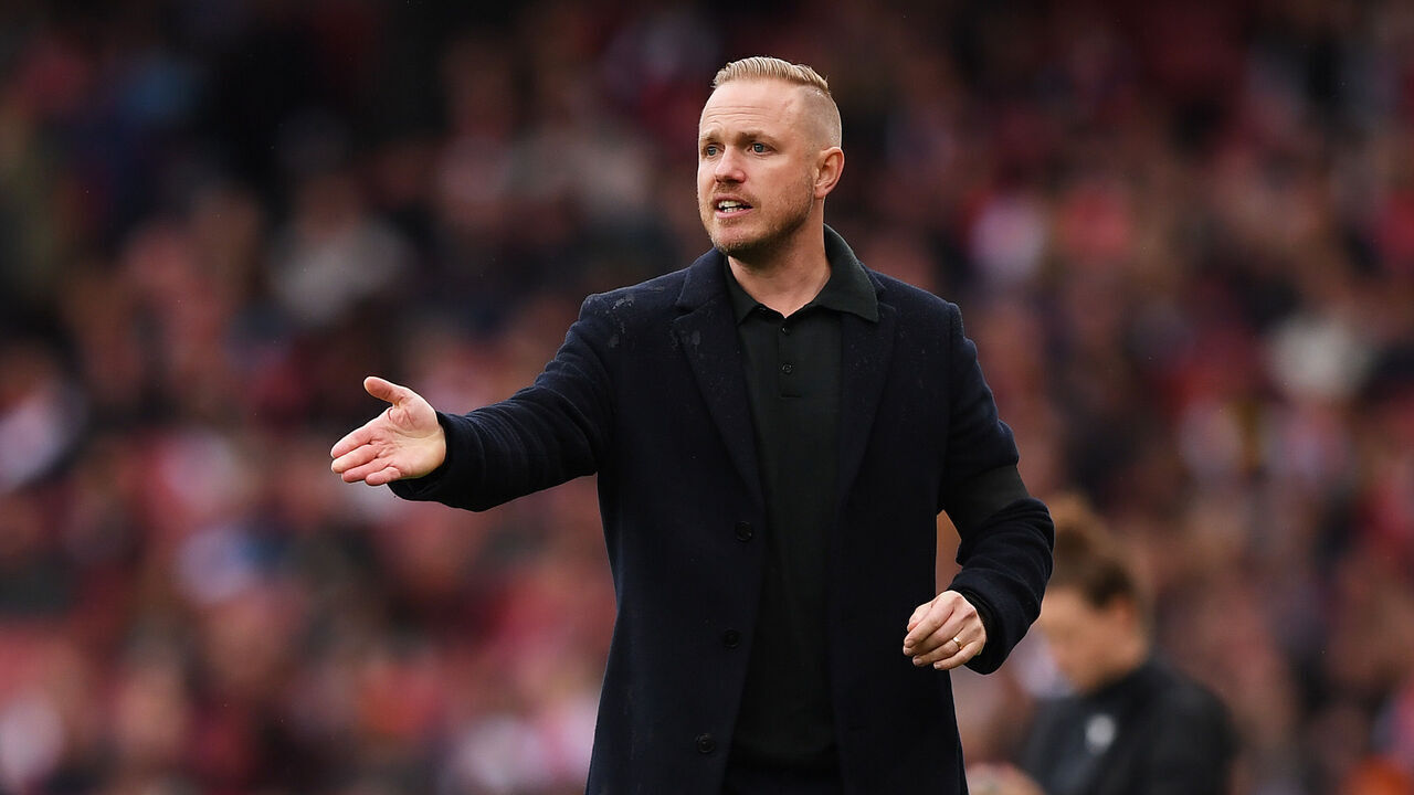 LONDON, ENGLAND - OCTOBER 12: Jonas Eidevall, Head Coach of Arsenal gives his team instructions during the Barclays Women's Super League match between Arsenal and Chelsea at Emirates Stadium on October 12, 2024 in London, England.