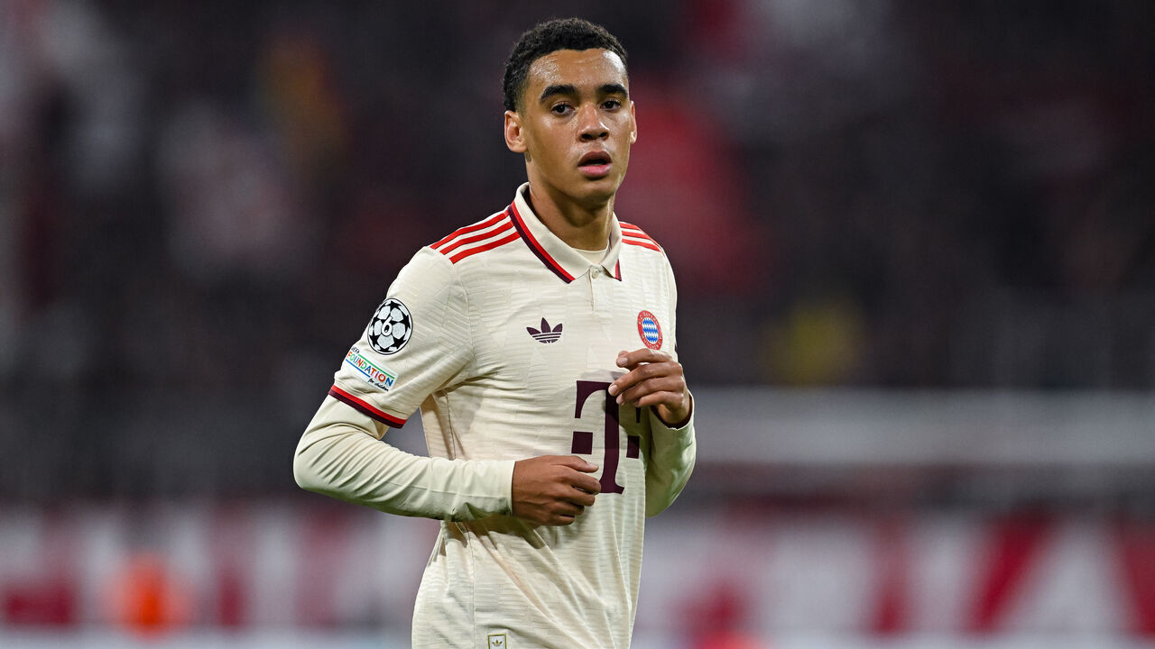 MUNICH, GERMANY - SEPTEMBER 17: Jamal Musiala of FC Bayern München reacts during the UEFA Champions League 2024/25 League Phase MD1 match between FC Bayern München and GNK Dinamo at Football Arena Munich on September 17, 2024 in Munich, Germany.