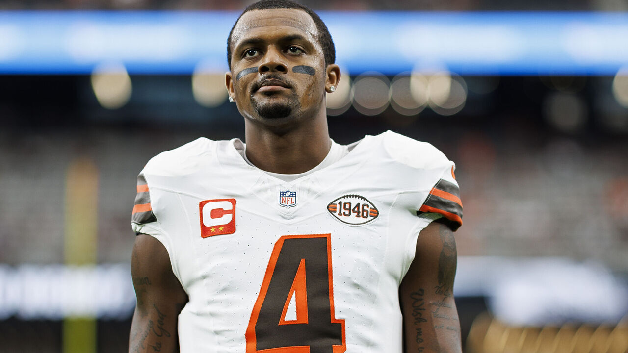 LAS VEGAS, NV - SEPTEMBER 29: Quarterback Deshaun Watson #4 of the Cleveland Browns stands on the field prior to an NFL football game against the Las Vegas Raiders, at Allegiant Stadium on September 29, 2024 in Las Vegas, Nevada.
