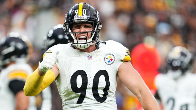 LAS VEGAS, NEVADA - OCTOBER 13: T.J. Watt #90 of the Pittsburgh Steelers reacts after a play in the fourth quarter of a game against the Las Vegas Raiders at Allegiant Stadium on October 13, 2024 in Las Vegas, Nevada.