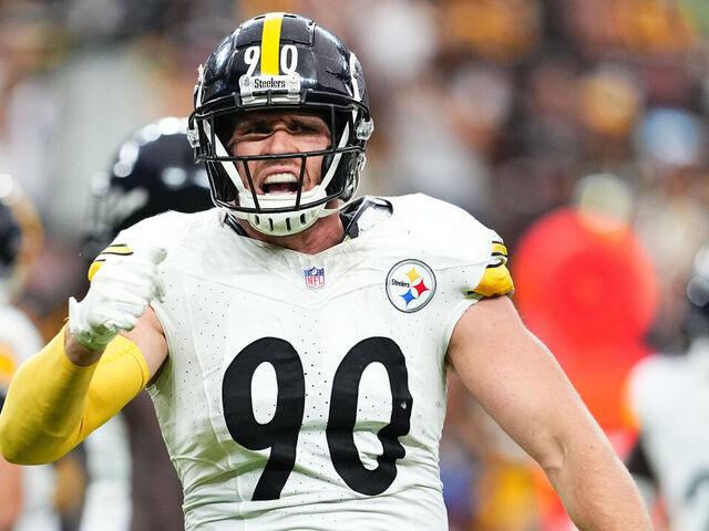 LAS VEGAS, NEVADA - OCTOBER 13: T.J. Watt #90 of the Pittsburgh Steelers reacts after a play in the fourth quarter of a game against the Las Vegas Raiders at Allegiant Stadium on October 13, 2024 in Las Vegas, Nevada.