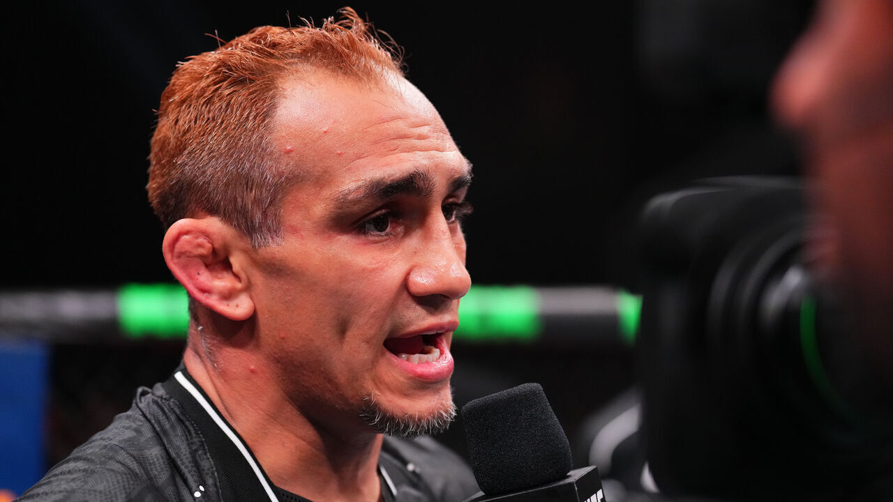 ABU DHABI, UNITED ARAB EMIRATES - AUGUST 03: Tony Ferguson is interviewed after being submitted by Michael Chiesa in a welterweight fight during the UFC Fight Night event at Etihad Arena on August 03, 2024 in Abu Dhabi, United Arab Emirates.