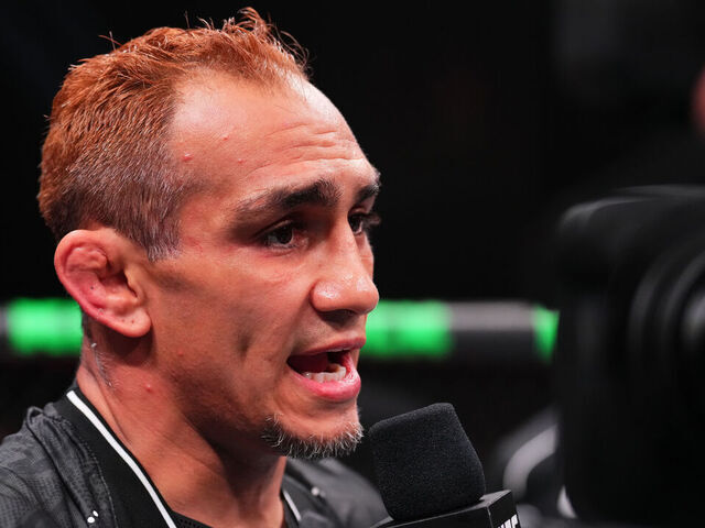 ABU DHABI, UNITED ARAB EMIRATES - AUGUST 03: Tony Ferguson is interviewed after being submitted by Michael Chiesa in a welterweight fight during the UFC Fight Night event at Etihad Arena on August 03, 2024 in Abu Dhabi, United Arab Emirates.