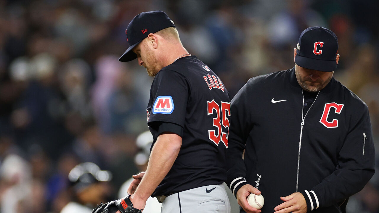 NEW YORK, NEW YORK - OCTOBER 14: Starting pitcher Alex Cobb #35 of the Cleveland Guardians is pulled from the game by Manager Stephen Vogt #12 during the 3rd inning of Game One of the American League Championship Series against the New York Yankees at Yankee Stadium on October 14, 2024 in New York City.