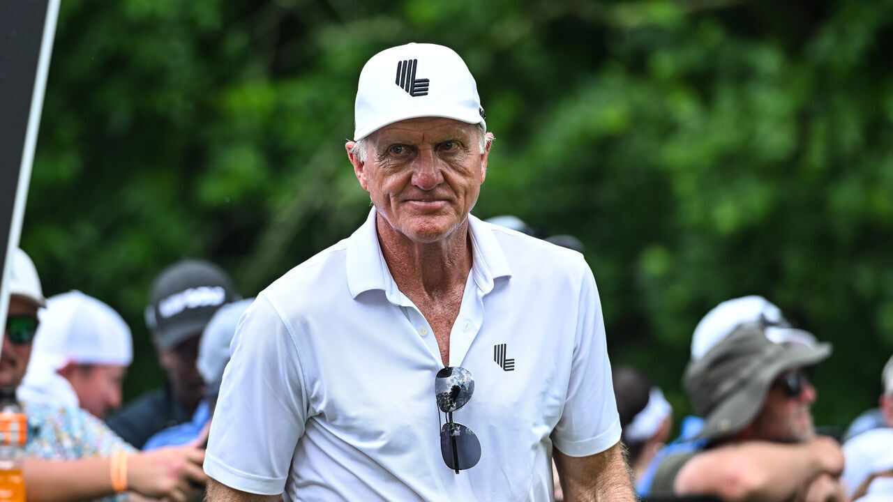COLLEGE GROVE, TN - JUNE 23: LIV Golf CEO Greg Norman watches the final round of LIV Golf Nashville on June 23, 2024, at The Grove Golf Course in College Grove, TN.