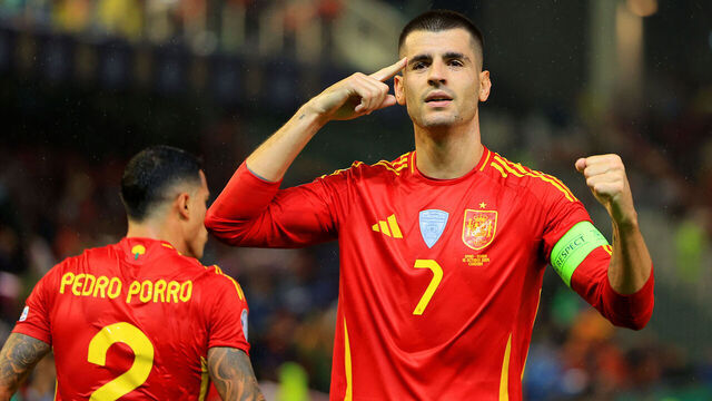 CORDOBA, SPAIN - OCTOBER 15: Alvaro Morata of Spain celebrates scoring his team's second goal during the UEFA Nations League 2024/25 League A Group A4 match between Spain and Serbia at Estadio Nuevo Arcangel on October 15, 2024 in Cordoba, Spain.