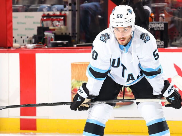 NEWARK, NJ - OCTOBER 14: Sean Durzi #50 of the Utah Hockey Club warms up prior to the game against the New Jersey Devils at the Prudential Center on October 14, 2024 in Newark, New Jersey.