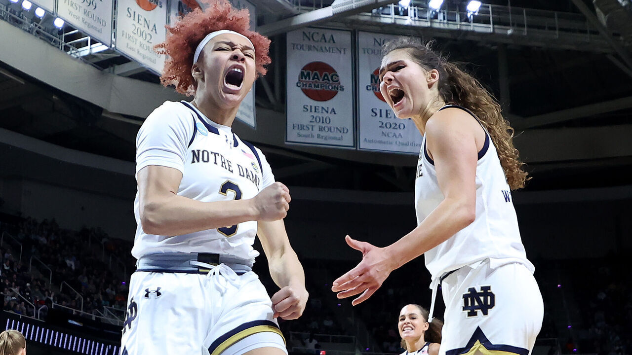 ALBANY, NEW YORK - MARCH 29: Hannah Hidalgo #3 and Maddy Westbeld #21 of the Notre Dame Fighting Irish react after a play against the Oregon State Beavers during the second half in the Sweet 16 round of the NCAA Women's Basketball Tournament at MVP Arena on March 29, 2024 in Albany, New York.