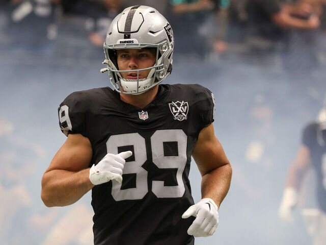 LAS VEGAS, NEVADA - OCTOBER 13: Brock Bowers #89 of the Las Vegas Raiders runs onto the field for a game against the Pittsburgh Steelers at Allegiant Stadium on October 13, 2024 in Las Vegas, Nevada. The Steelers defeated the Raiders 32-13.