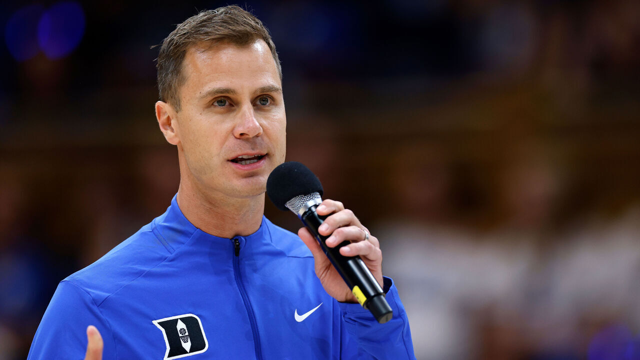 DURHAM, NORTH CAROLINA - OCTOBER 4: Head coach Jon Scheyer of the Duke Blue Devils speaks to the fans during Countdown to Craziness at Cameron Indoor Stadium on October 4, 2024 in Durham, North Carolina.