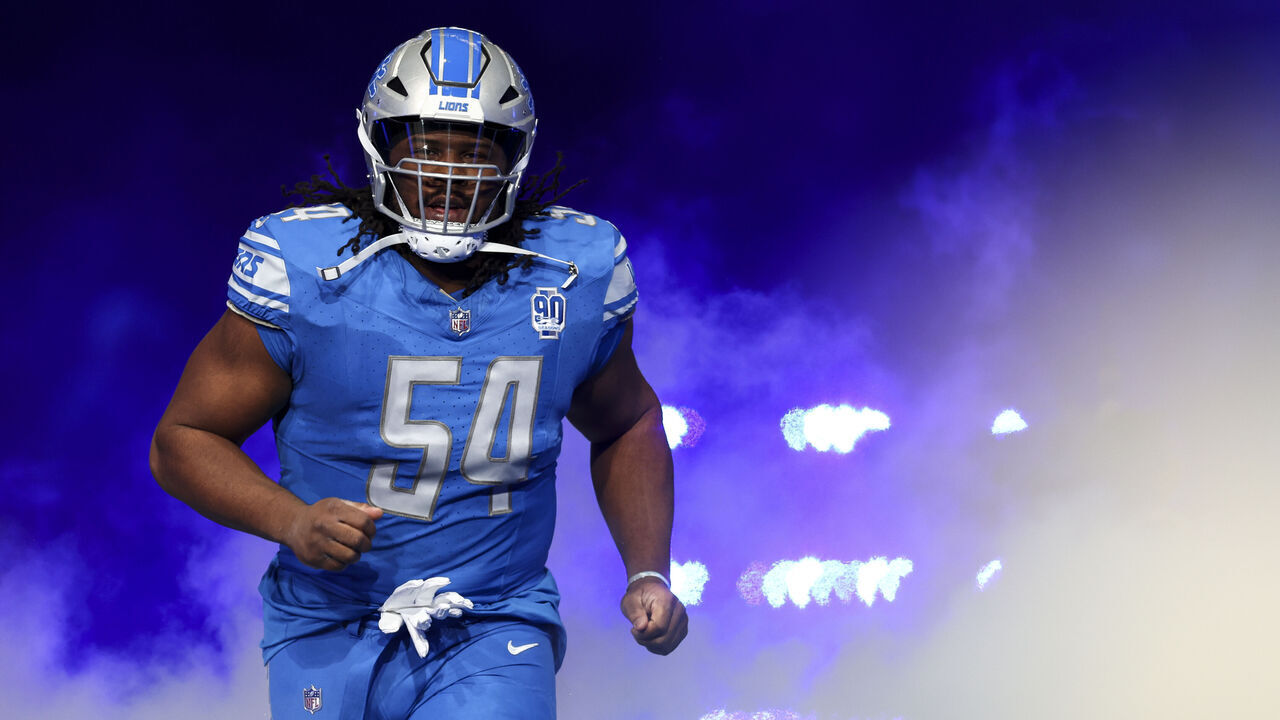 DETROIT, MI - JANUARY 21: Alim McNeill #54 of the Detroit Lions runs onto the field prior to an NFL divisional round playoff football game against the Tampa Bay Buccaneers at Ford Field on January 21, 2024 in Detroit, Michigan.