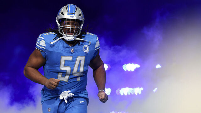 DETROIT, MI - JANUARY 21: Alim McNeill #54 of the Detroit Lions runs onto the field prior to an NFL divisional round playoff football game against the Tampa Bay Buccaneers at Ford Field on January 21, 2024 in Detroit, Michigan.