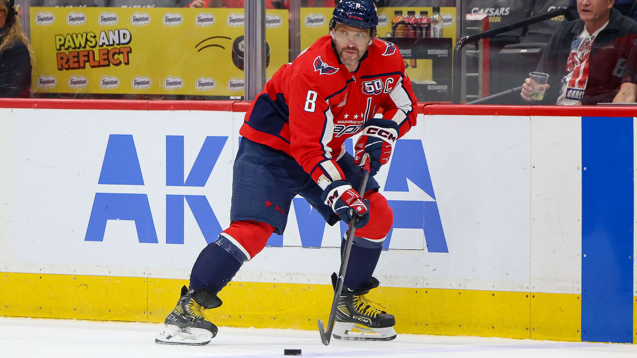 WASHINGTON, DC - OCTOBER 15: Alex Ovechkin #8 of the Washington Capitals skates with the puck during a game against the Vegas Golden Knights at Capital One Arena on October 15, 2024 in Washington, D.C.