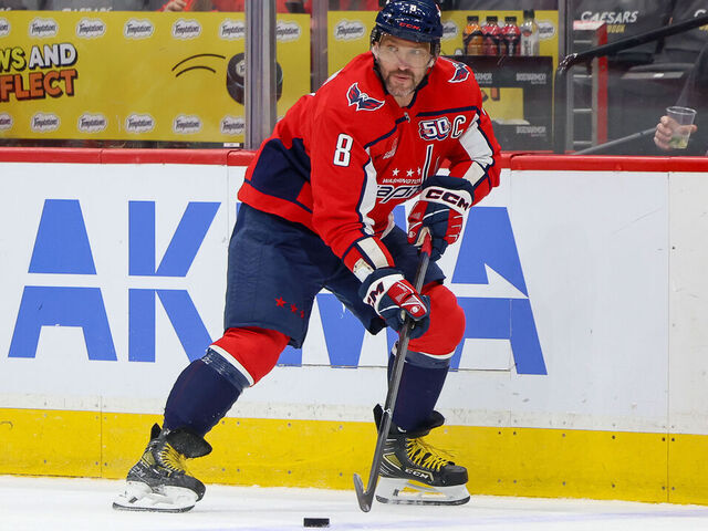 WASHINGTON, DC - OCTOBER 15: Alex Ovechkin #8 of the Washington Capitals skates with the puck during a game against the Vegas Golden Knights at Capital One Arena on October 15, 2024 in Washington, D.C.