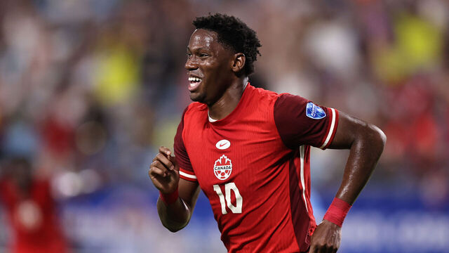 CHARLOTTE, NORTH CAROLINA - JULY 13: Jonathan David of Canada celebrates after scoring the team's second goal during the CONMEBOL Copa America 2024 third place match between Uruguay and Canada at Bank of America Stadium on July 13, 2024 in Charlotte, North Carolina.