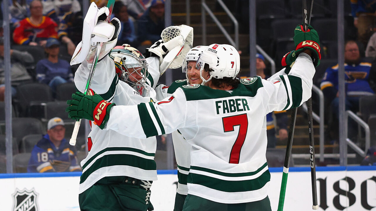 ST LOUIS, MISSOURI - OCTOBER 15: Goalie Filip Gustavsson #32 of the Minnesota Wild celebrates after scoring a goal against the St. Louis Blues in the third period at Enterprise Center on October 15, 2024 in St Louis, Missouri.