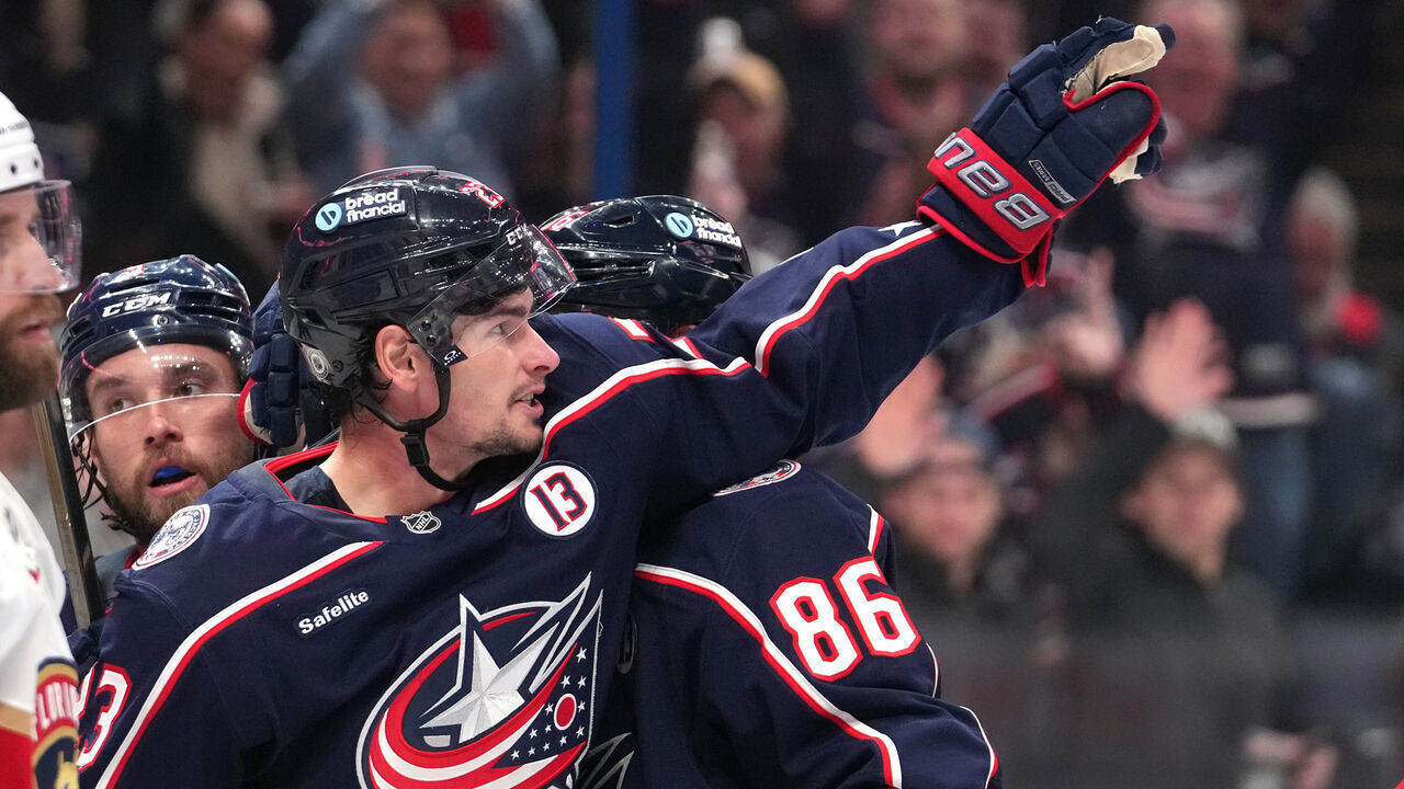 COLUMBUS, OHIO - OCTOBER 15: Sean Monahan #23 of the Columbus Blue Jackets celebrates his goal in the second period against the Florida Panthers at Nationwide Arena on October 15, 2024 in Columbus, Ohio.