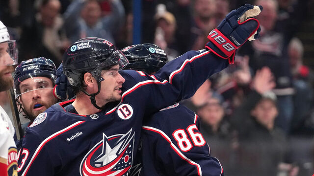 COLUMBUS, OHIO - OCTOBER 15: Sean Monahan #23 of the Columbus Blue Jackets celebrates his goal in the second period against the Florida Panthers at Nationwide Arena on October 15, 2024 in Columbus, Ohio.