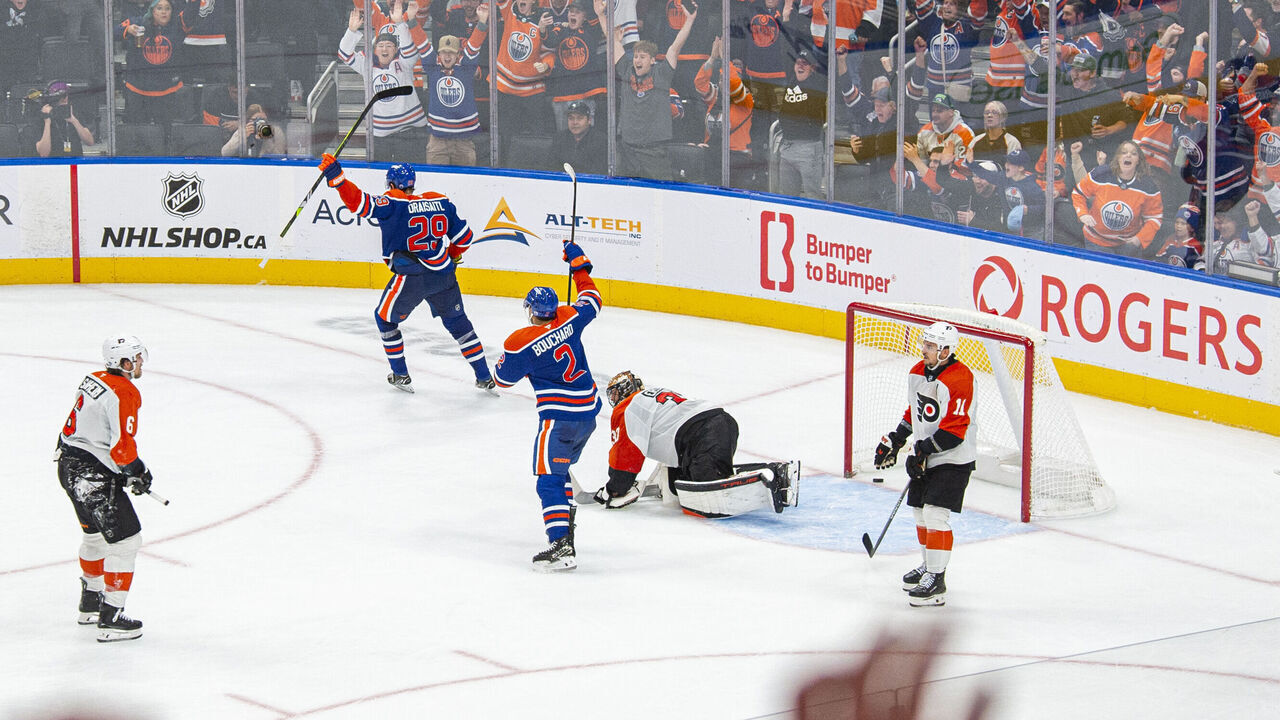 EDMONTON, ALBERTA - OCTOBER 15: Leon Draisaitl #29 of the Edmonton Oilers score in Overtime against the Philadelphia Flyers at Rogers Place on October 15, 2024 in Edmonton, Alberta, Canada.