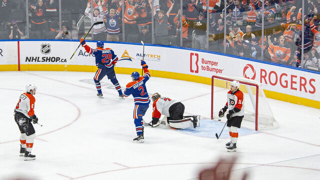 EDMONTON, ALBERTA - OCTOBER 15: Leon Draisaitl #29 of the Edmonton Oilers score in Overtime against the Philadelphia Flyers at Rogers Place on October 15, 2024 in Edmonton, Alberta, Canada.