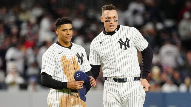 NEW YORK, NY - OCTOBER 15: Juan Soto #22 and Aaron Judge #99 of the New York Yankees look on during Game 2 of the ALCS presented by loanDepot between the Cleveland Guardians and the New York Yankees at Yankee Stadium on Tuesday, October 15, 2024 in New York, New York.