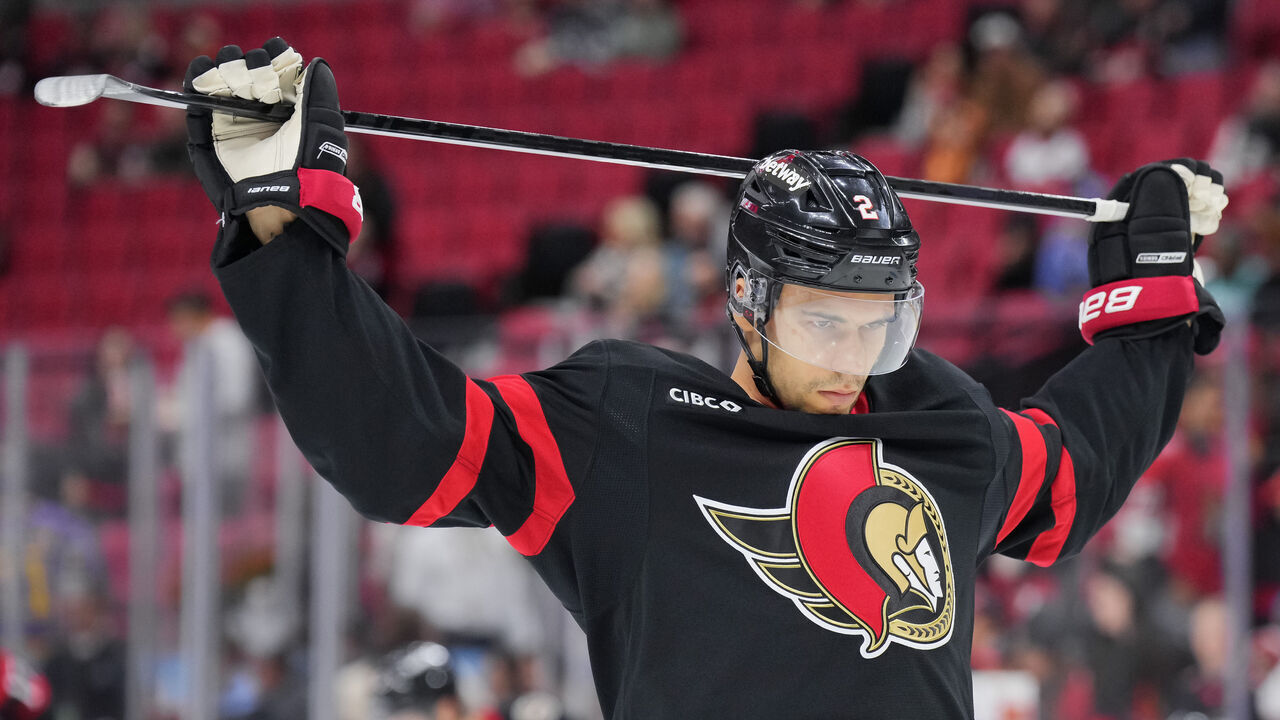 OTTAWA, ONTARIO - OCTOBER 14: Artem Zub #2 of the Ottawa Senators skates against the Los Angeles Kings at Canadian Tire Centre on October 14, 2024 in Ottawa, Ontario, Canada.