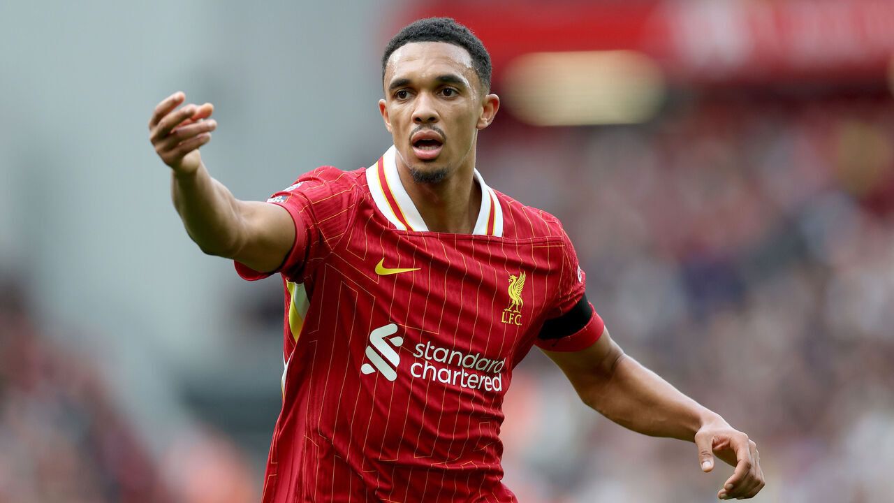 LIVERPOOL, ENGLAND - SEPTEMBER 14: Liverpool's Trent Alexander-Arnold reacts during the Premier League match between Liverpool FC and Nottingham Forest FC at Anfield on September 14, 2024 in Liverpool, England.