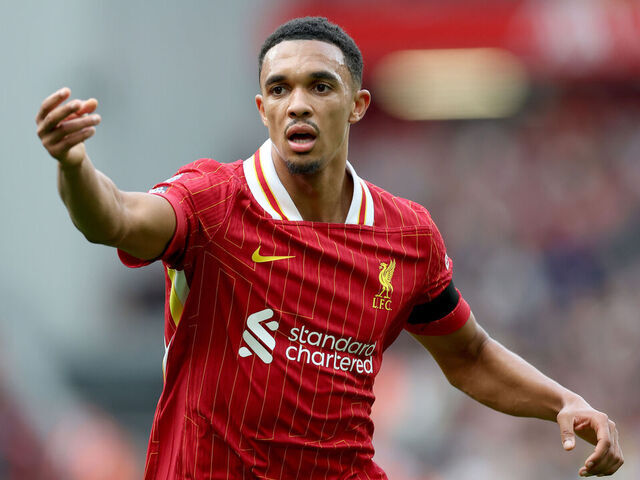LIVERPOOL, ENGLAND - SEPTEMBER 14: Liverpool's Trent Alexander-Arnold reacts during the Premier League match between Liverpool FC and Nottingham Forest FC at Anfield on September 14, 2024 in Liverpool, England.