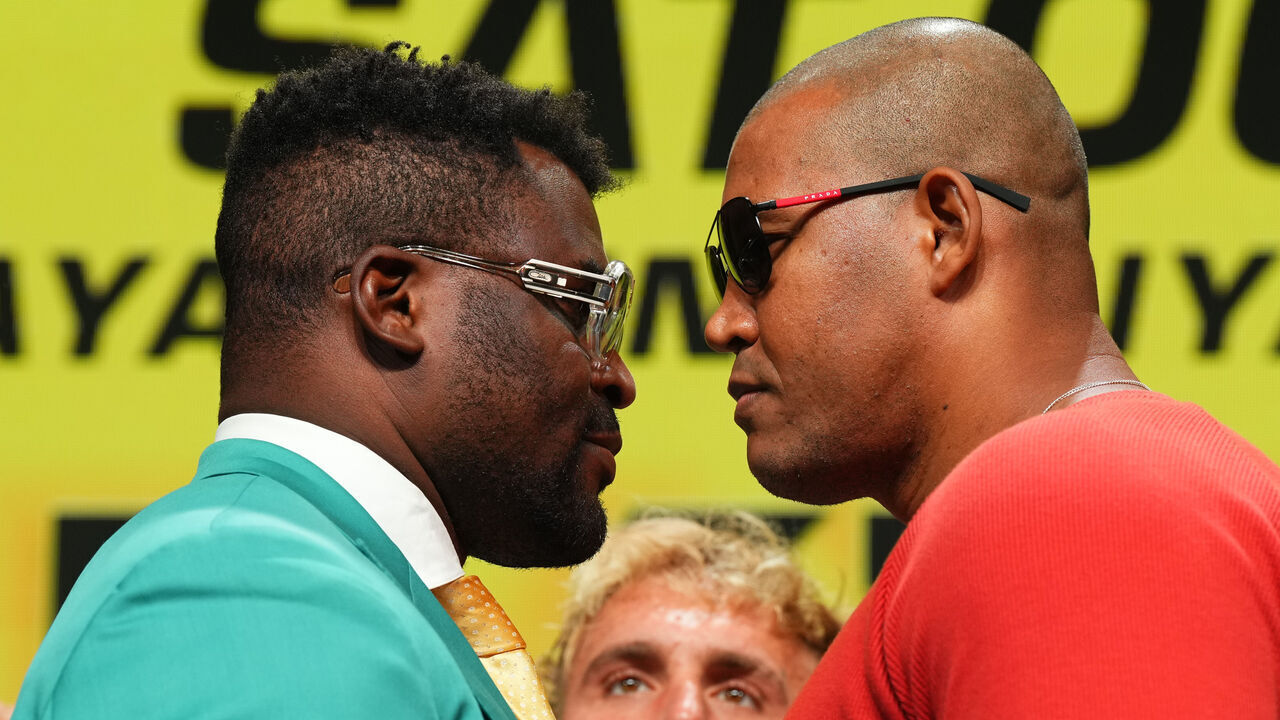 WASHINGTON, DC - AUGUST 22: Francis Ngannou faces off with Renan Ferreira during the Battle of the Giants Press Conference at The Anthem on August 22, 2024 in Washington, DC.
