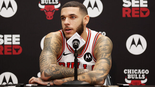 CHICAGO, ILLINOIS - SEPTEMBER 30: Lonzo Ball #2 of the Chicago Bulls speaks to the media during Chicago Bulls Media Day at Advocate Center on September 30, 2024 in Chicago, Illinois.