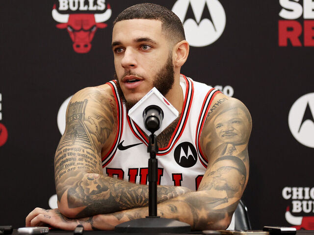 CHICAGO, ILLINOIS - SEPTEMBER 30: Lonzo Ball #2 of the Chicago Bulls speaks to the media during Chicago Bulls Media Day at Advocate Center on September 30, 2024 in Chicago, Illinois.
