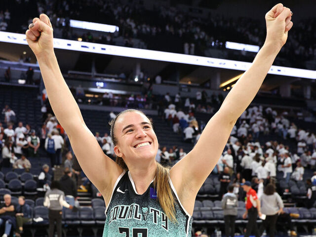 MINNEAPOLIS, MINNESOTA - OCTOBER 16: Sabrina Ionescu #20 of the New York Liberty reacts after hitting a game winning three point basket to defeat the Minnesota Lynx 80-77 in Game Three of the WNBA Finals at Target Center on October 16, 2024 in Minneapolis, Minnesota.
