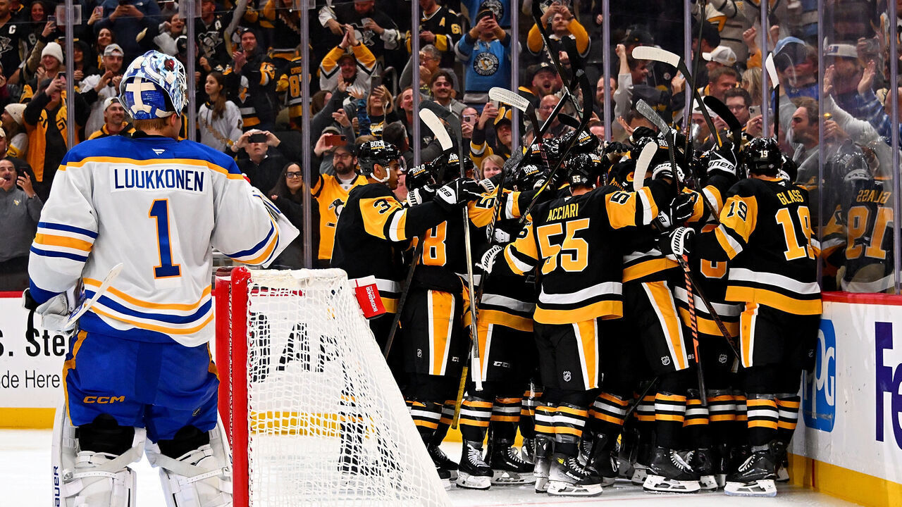 PITTSBURGH, PA - OCTOBER 16: Evgeni Malkin #71 of the Pittsburgh Penguins celebrates his 500th career goal with teammates against the Buffalo Sabres at PPG PAINTS Arena on October 16, 2024 in Pittsburgh, Pennsylvania.