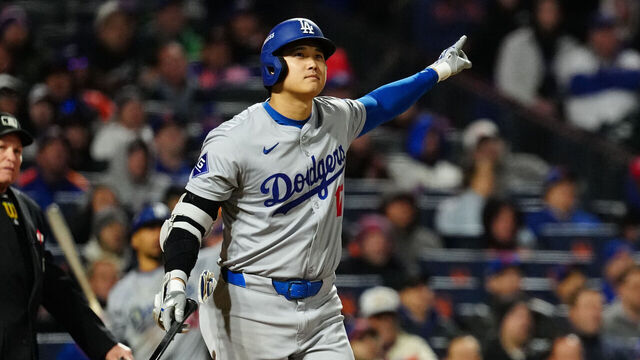 NEW YORK, NY - OCTOBER 16: Shohei Ohtani #17 of the Los Angeles Dodgers reacts after hitting a three RBI home run in the eighth inning during Game 3 of the NLCS presented by loanDepot between the Los Angeles Dodgers and the New York Mets at Citi Field on Wednesday, October 16, 2024 in New York, New York.