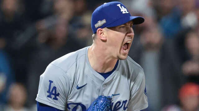 NEW YORK, NEW YORK - OCTOBER 16: Walker Buehler #21 of the Los Angeles Dodgers reacts after a inning ending strikeout to Francisco Lindor #12 of the New York Mets during the second inning in game three of the National League Championship Series at Citi Field on Wednesday, Oct. 16, 2024 in New York. (Wally Skalij / Los Angeles Times via Getty Images)